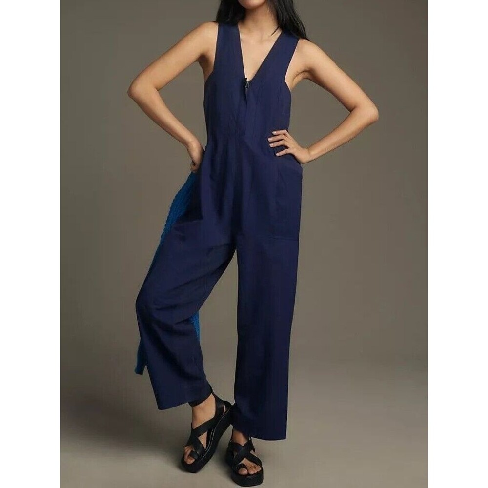 Daily Practice by Anthropologie Zip-Front Jumpsuit Dress Navy Cotton M 287195